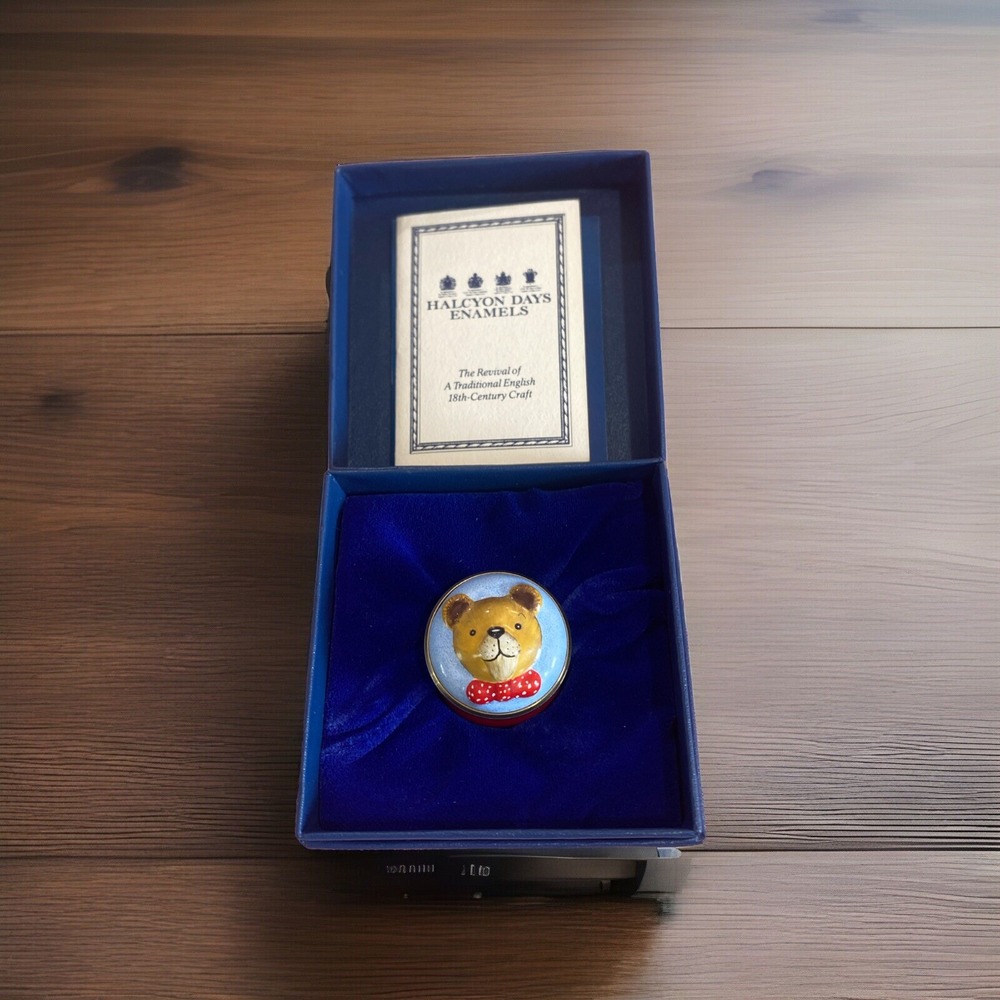 Halcyon Days Enamel Box - Stylish Teddy Bear with Bow Tie HTF